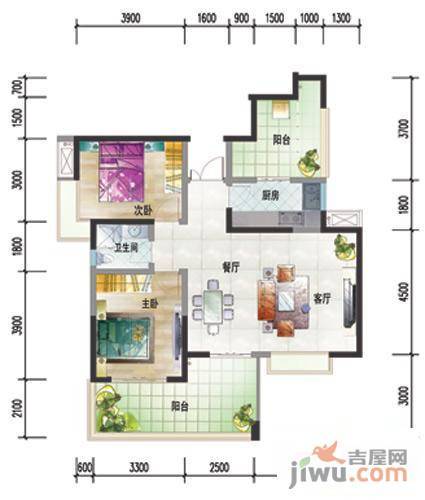 水岸汇景2室2厅1卫88.9㎡户型图