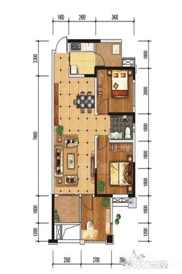 洲际亚洲湾商铺3室2厅1卫88㎡户型图