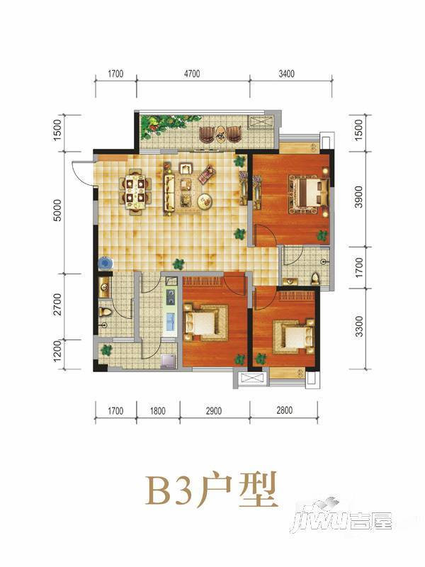 洲际亚洲湾商铺3室2厅2卫101.5㎡户型图