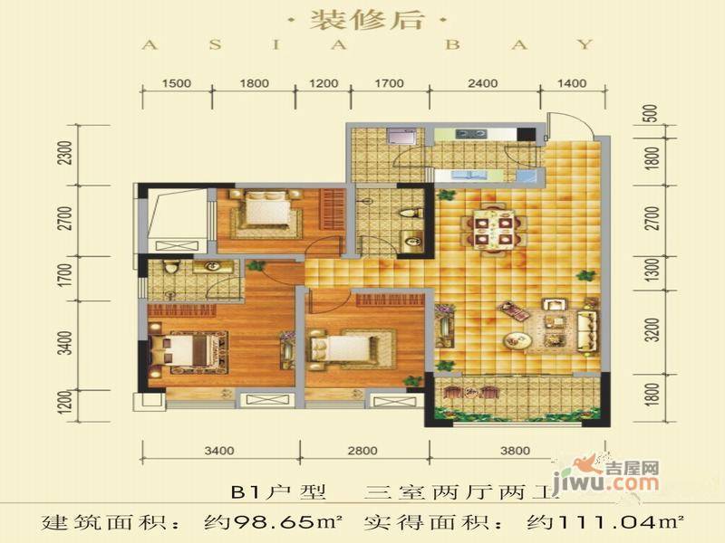 洲际亚洲湾商铺3室2厅2卫98.7㎡户型图