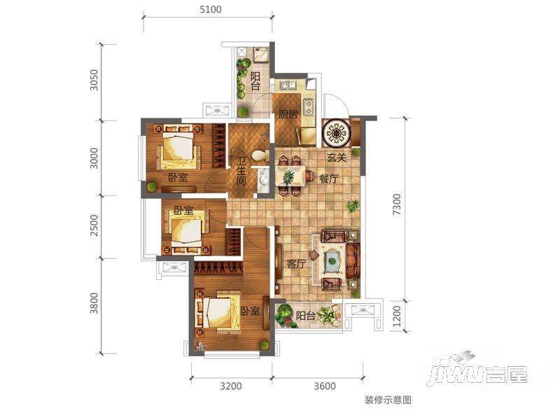 合能璞丽商铺3室2厅1卫79㎡户型图