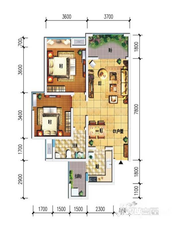 泰合新光华府商铺2室2厅1卫88㎡户型图