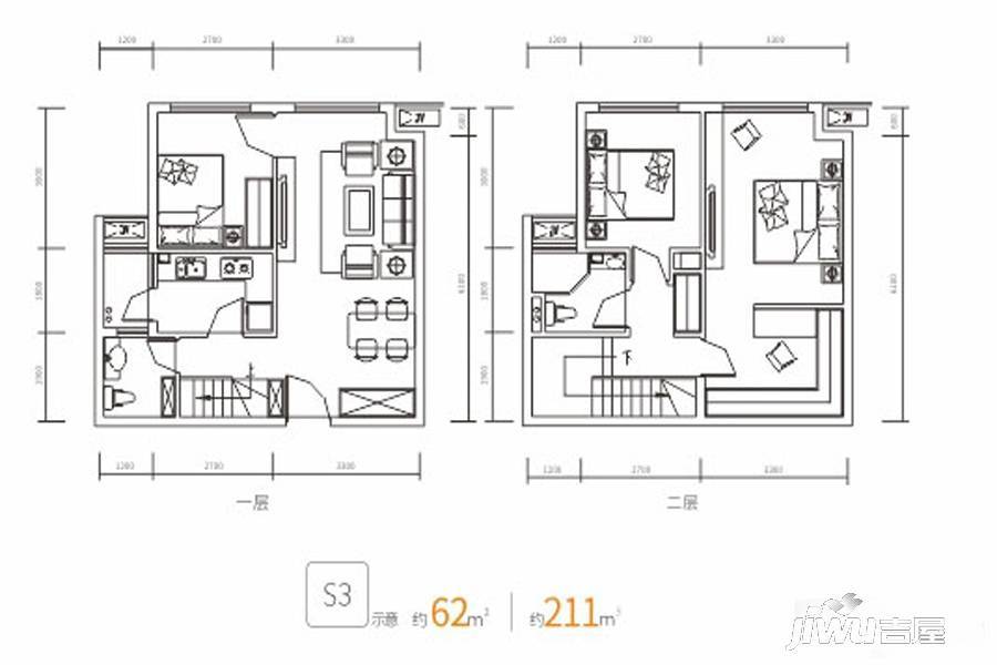 嘉年华青年城smart公寓2室1厅1卫62㎡户型图