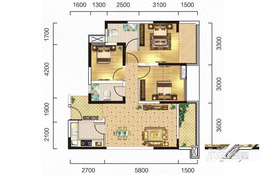 一品CG3室2厅2卫92㎡户型图