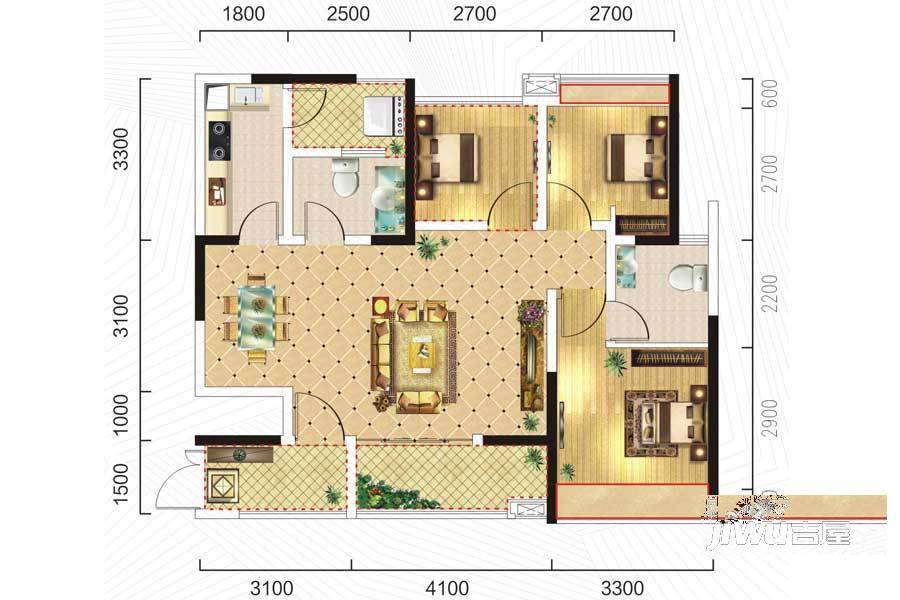 一品CG3室2厅2卫90.9㎡户型图