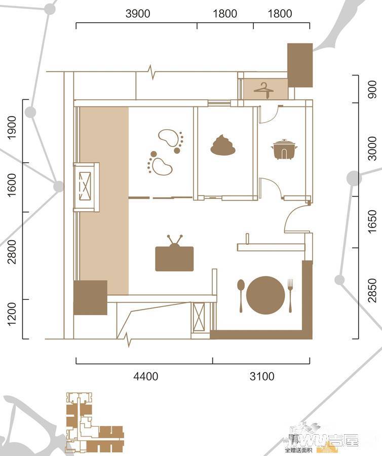 一品CG2室2厅1卫64㎡户型图