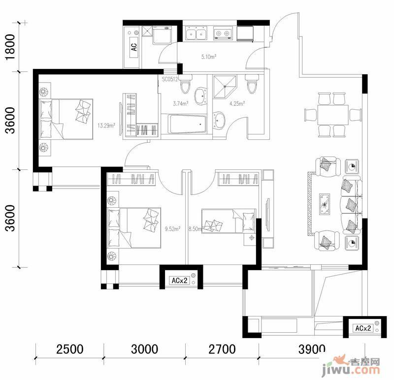 美洲花园棕榈湾3室2厅2卫107.5㎡户型图