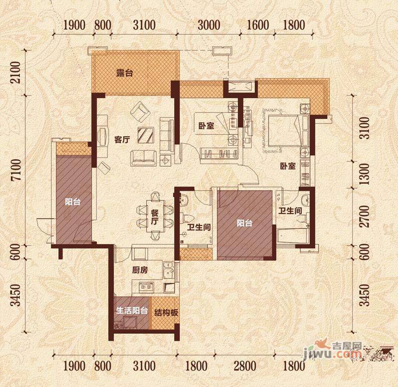 保利星座2室2厅2卫101㎡户型图