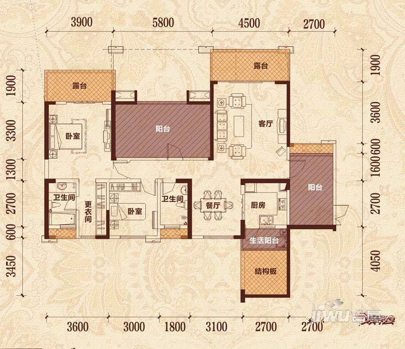 保利星座2室2厅2卫136㎡户型图