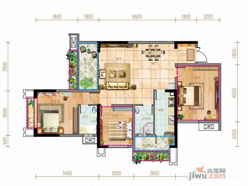 香悦城悦公馆3室2厅2卫90.3㎡户型图