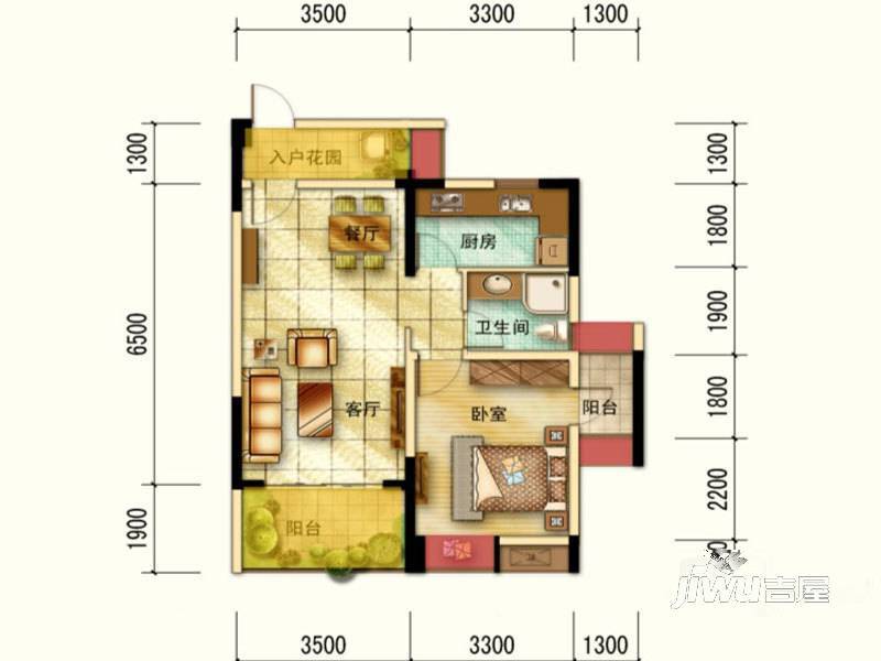 航天城上城商铺1室2厅1卫66.9㎡户型图