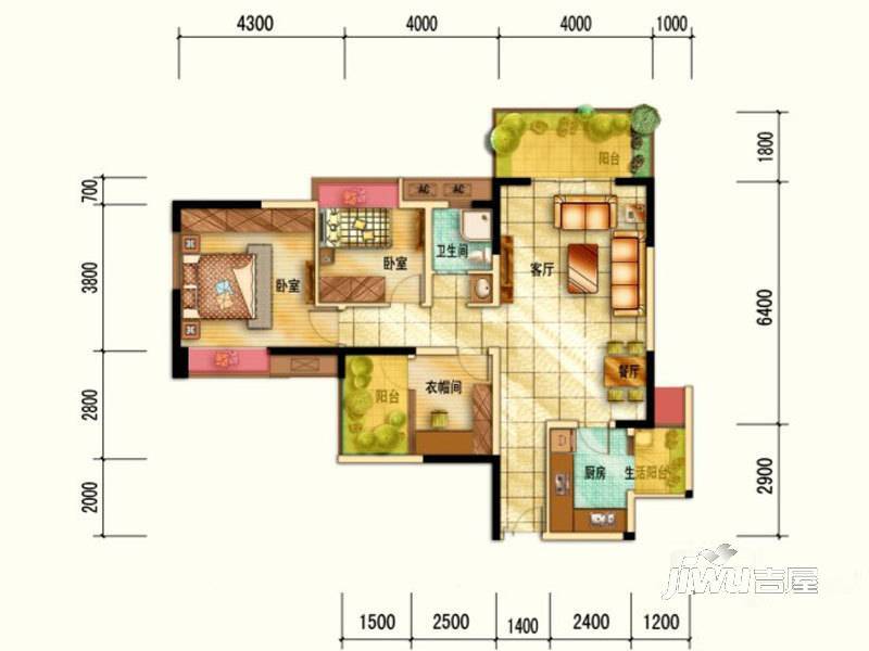 航天城上城商铺2室2厅1卫101㎡户型图