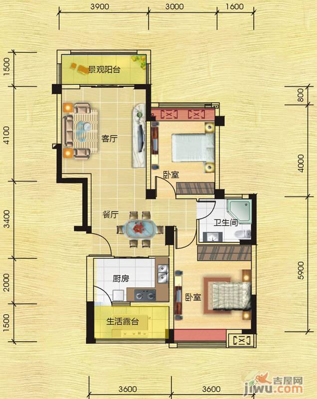 都江逸家2室2厅1卫83.9㎡户型图