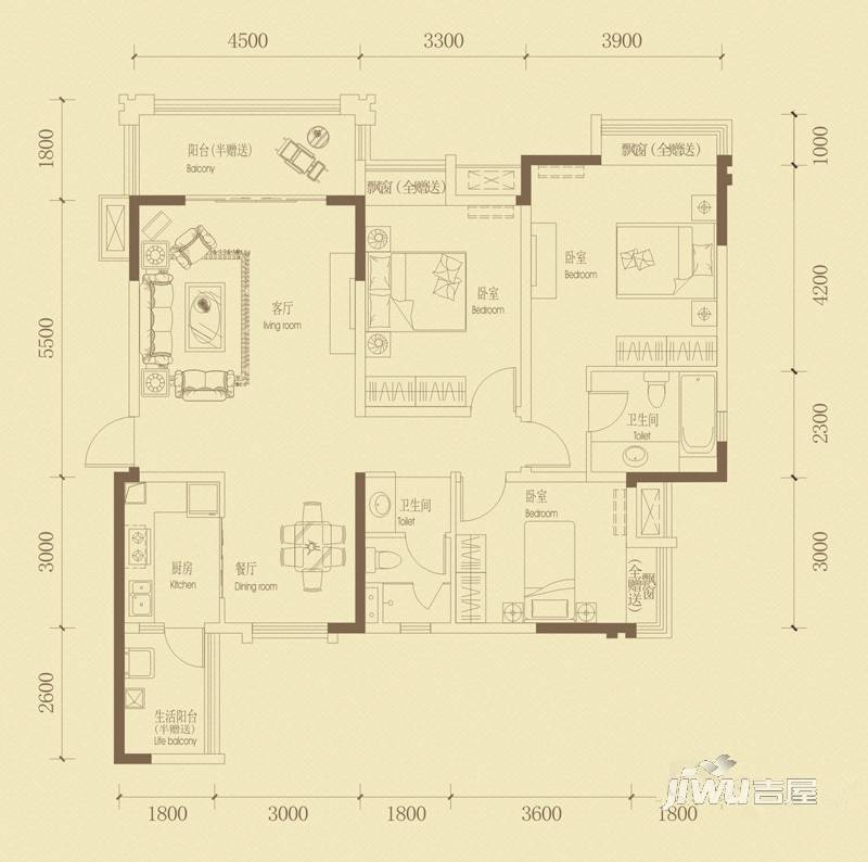 金都华府3室2厅2卫125.1㎡户型图