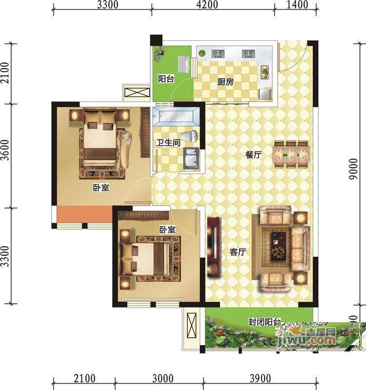 润洲金外滩2室2厅1卫88.7㎡户型图