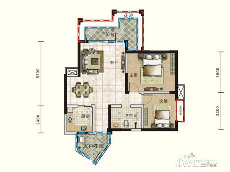 广泽东方威尼斯2室2厅1卫92.6㎡户型图