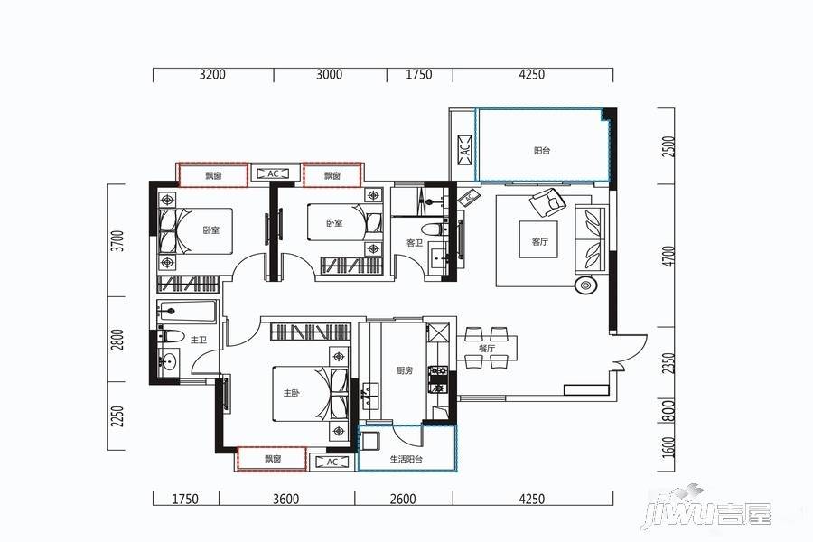 恒大天府半岛3室2厅2卫127㎡户型图