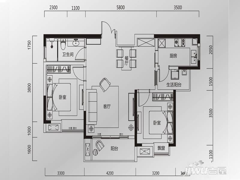 恒大天府半岛2室2厅1卫90.7㎡户型图