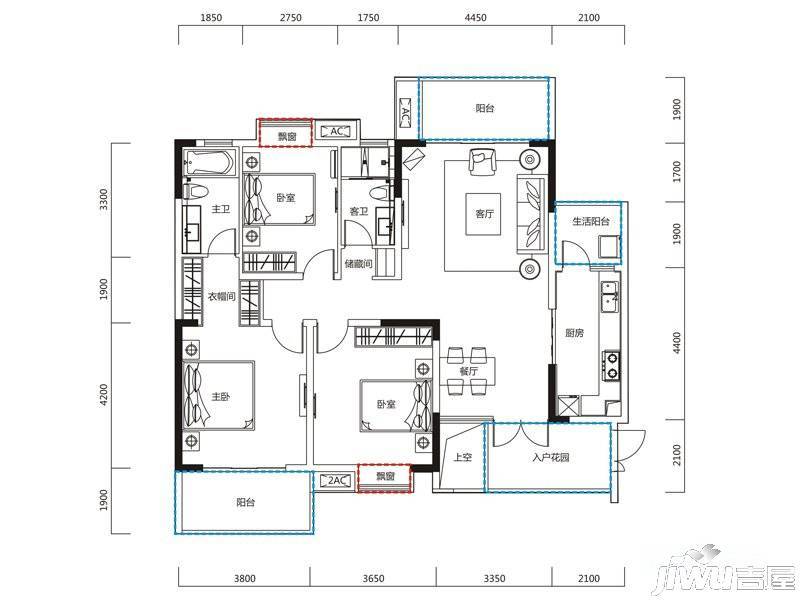 恒大天府半岛3室2厅2卫138.4㎡户型图