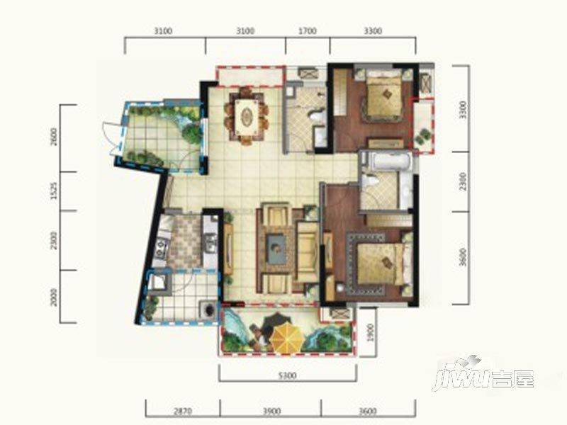 恒大天府半岛2室2厅2卫110㎡户型图