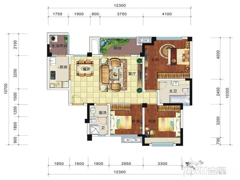 远大林语城八栋洋楼3室2厅2卫105.5㎡户型图