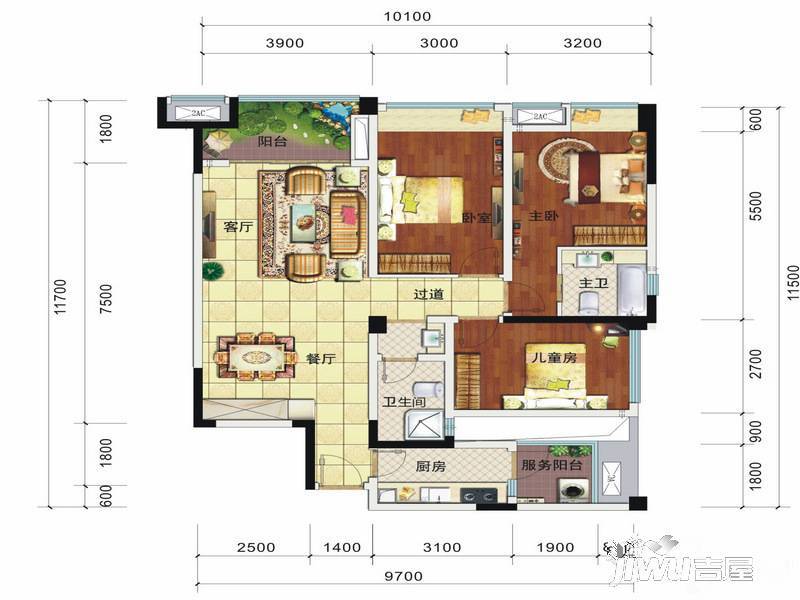 远大林语城八栋洋楼3室2厅2卫109.7㎡户型图