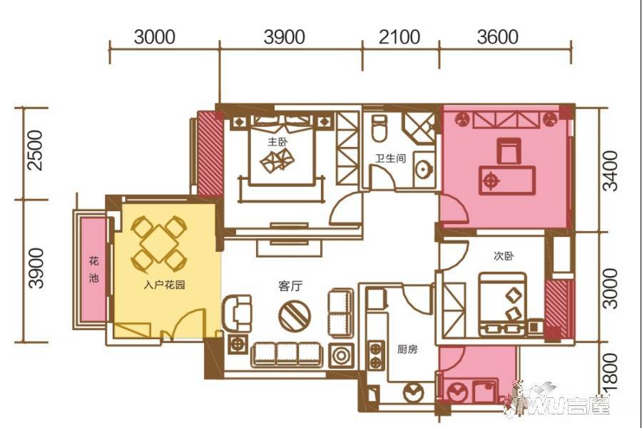银河谷3室1厅1卫68㎡户型图