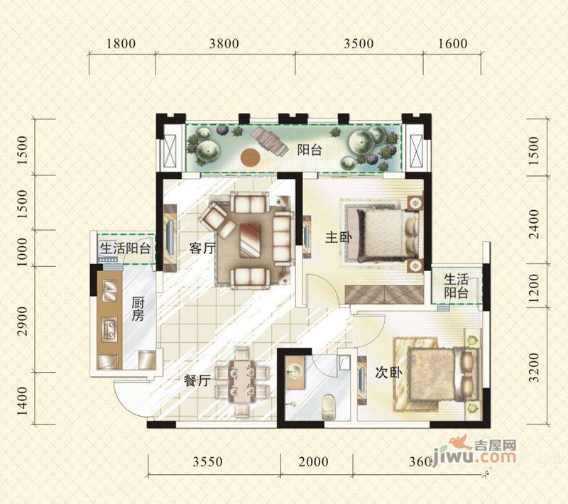 通瑞月光湖2室2厅1卫81.7㎡户型图