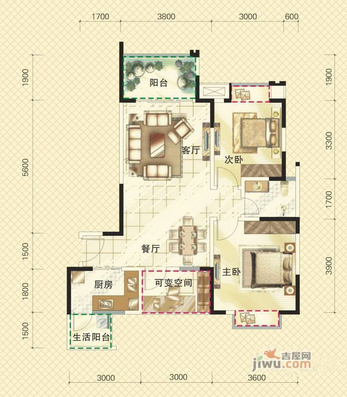 通瑞月光湖2室2厅1卫84㎡户型图