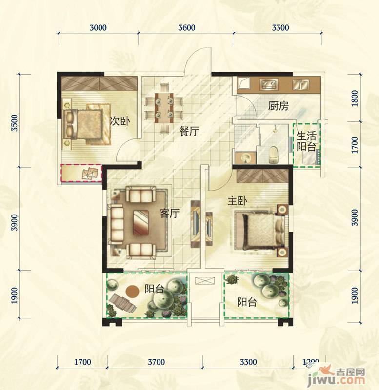 通瑞月光湖2室2厅1卫81.4㎡户型图