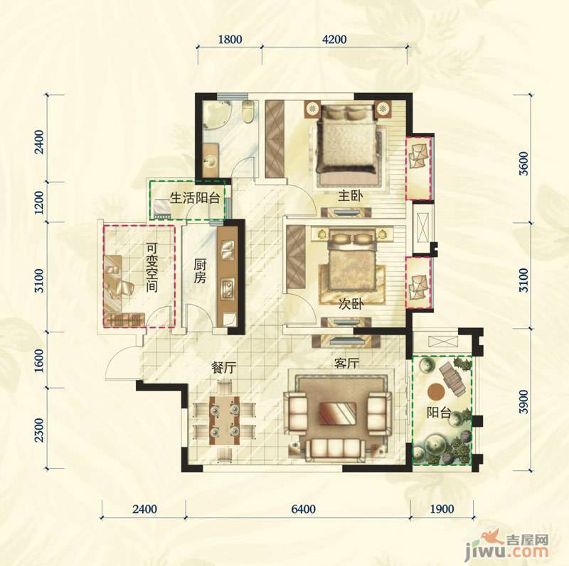 通瑞月光湖2室2厅1卫88.9㎡户型图