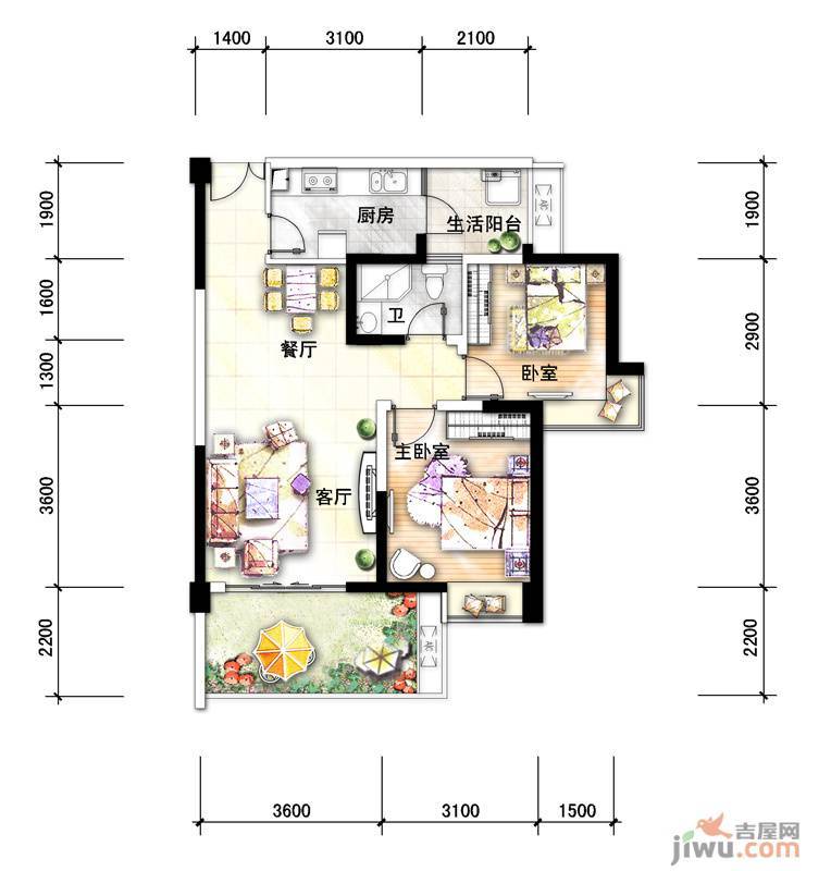 宏达世纪锦城2室2厅1卫78㎡户型图