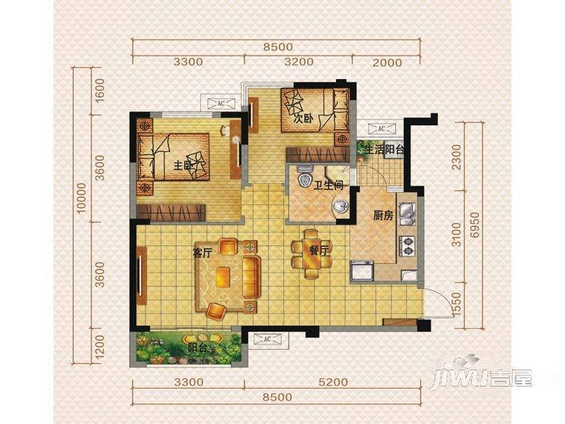 佳兆业8号2室2厅1卫76㎡户型图