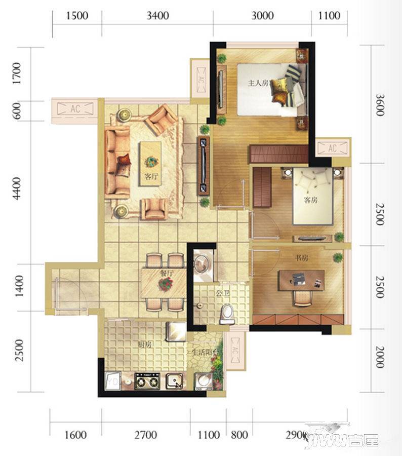 龙光君悦华庭3室2厅1卫71.7㎡户型图