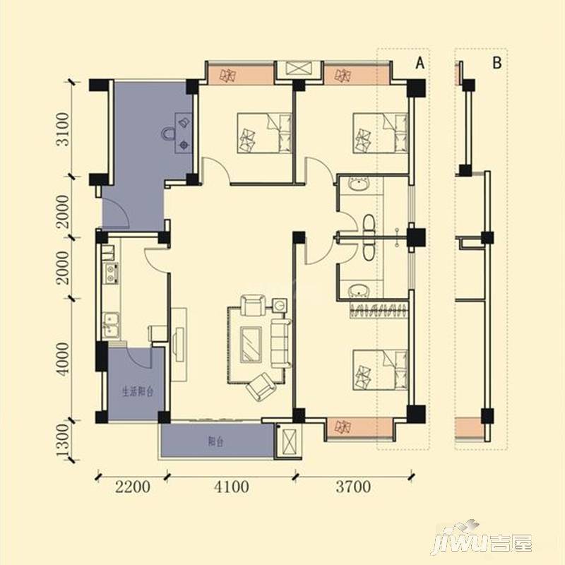 沙河湾商铺4室2厅2卫120㎡户型图