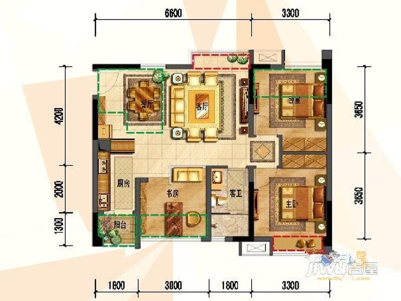 龙城国际五期3室2厅1卫78㎡户型图