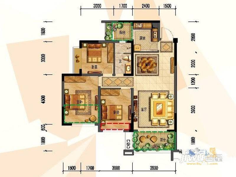 龙城国际五期3室2厅1卫98㎡户型图