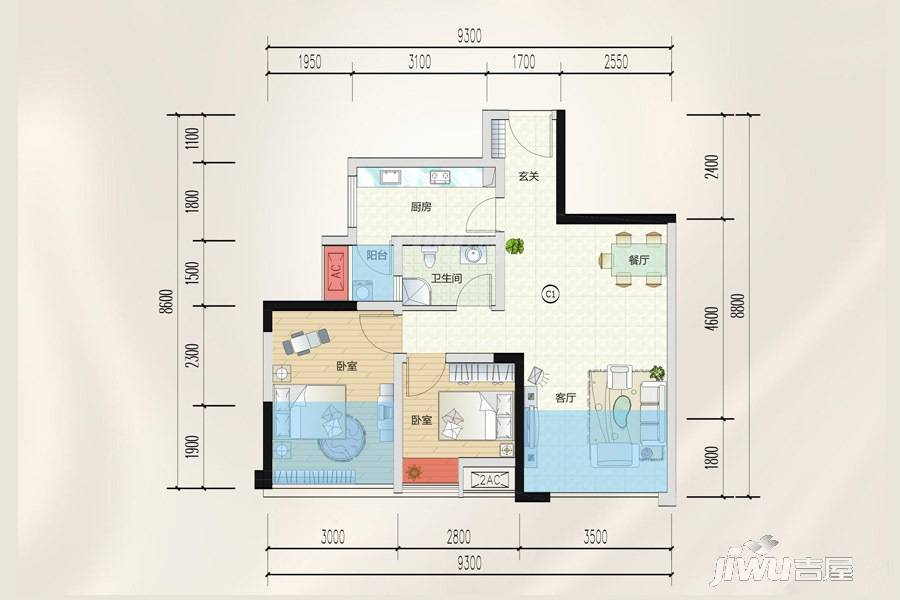 嘉通云玺2室2厅1卫98.2㎡户型图