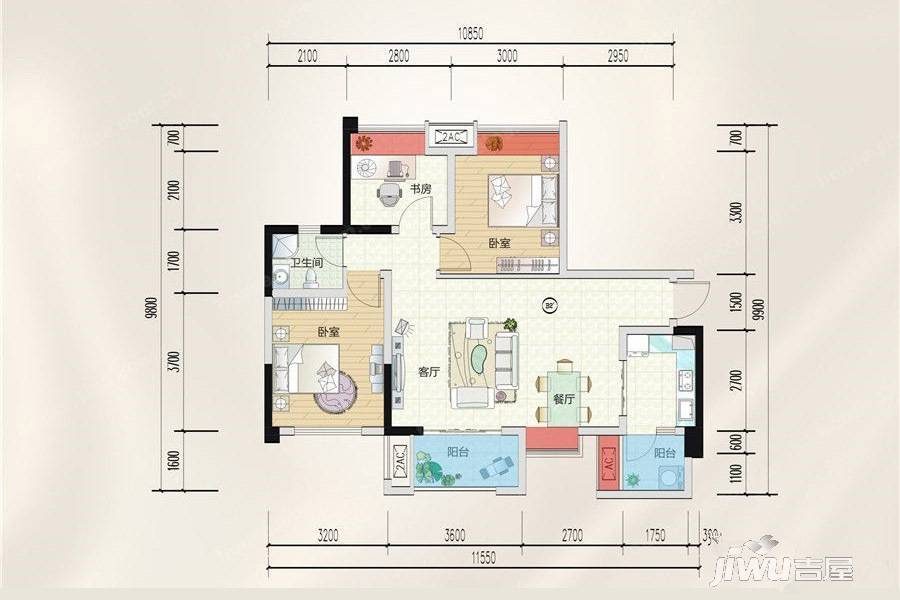 嘉通云玺3室2厅1卫90.3㎡户型图