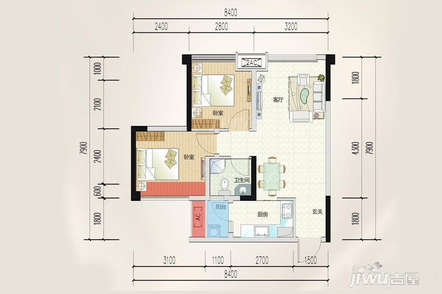 嘉通云玺2室1厅1卫64.5㎡户型图