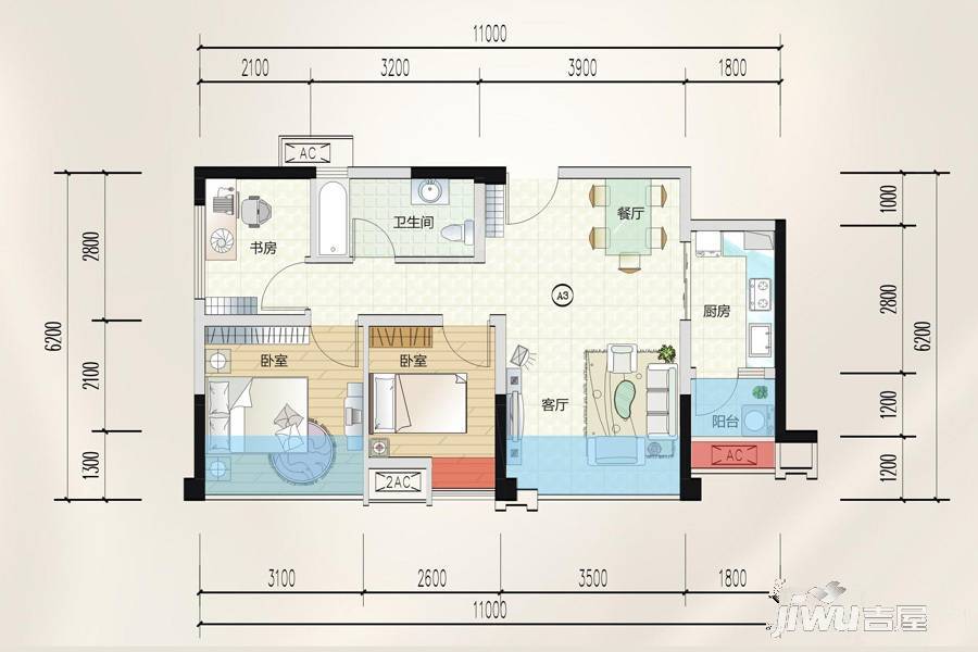 嘉通云玺2室1厅1卫73㎡户型图