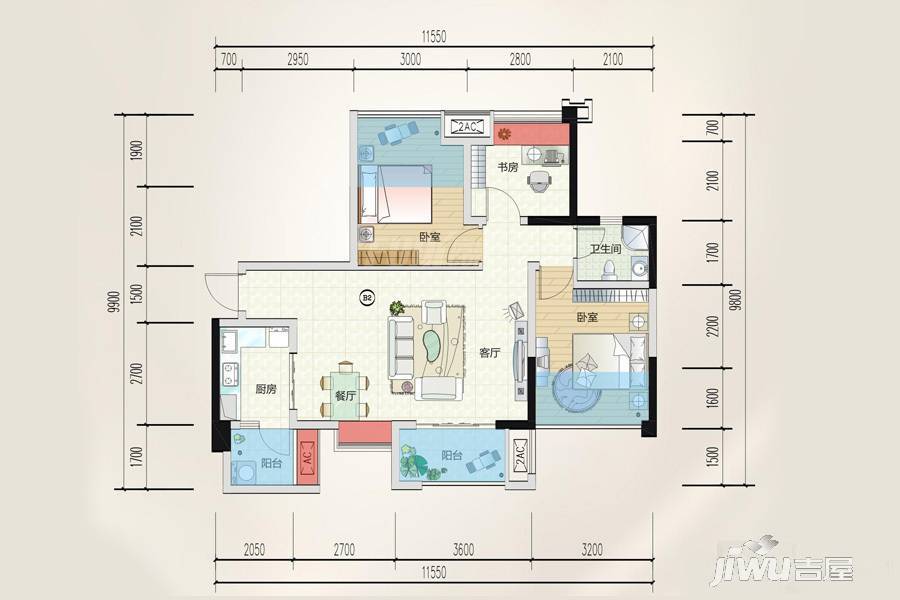 嘉通云玺3室2厅1卫86㎡户型图