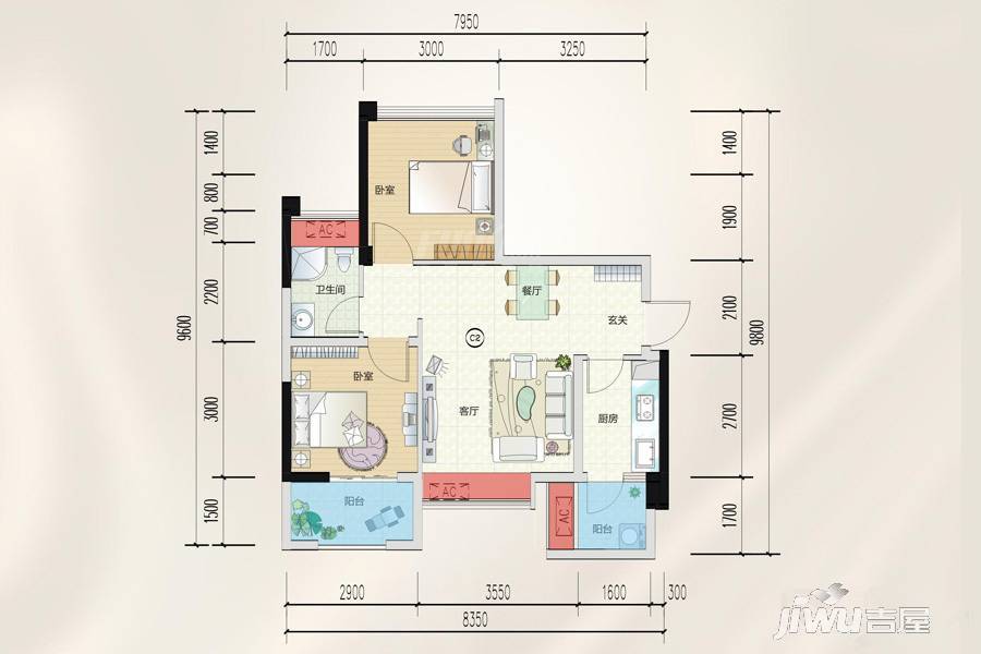 嘉通云玺2室2厅1卫68.1㎡户型图