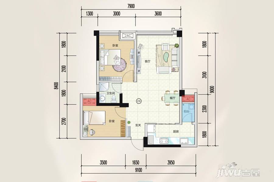 嘉通云玺2室2厅1卫80.8㎡户型图