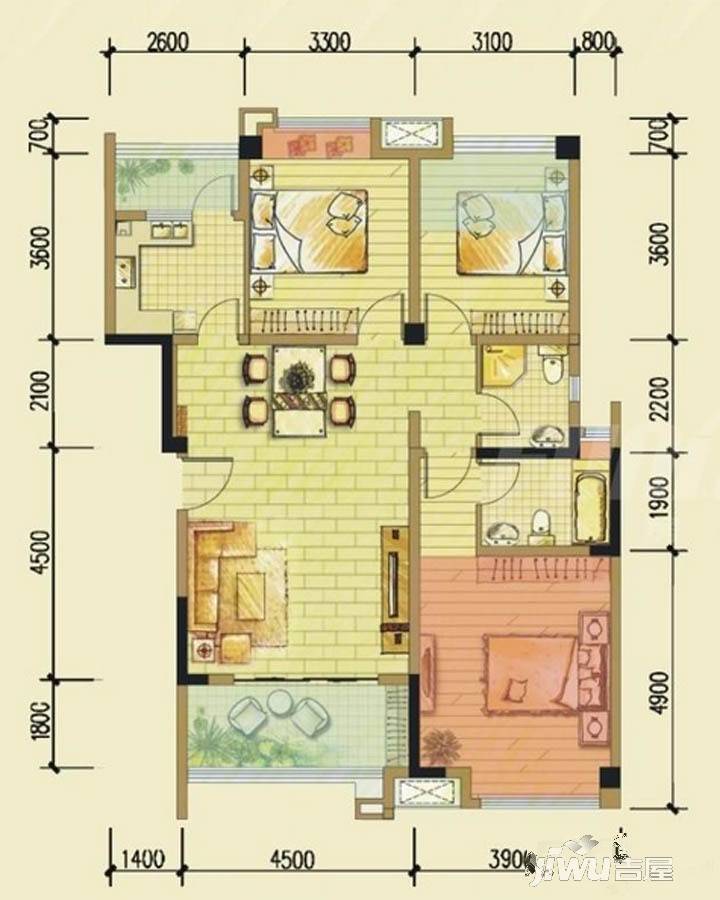 华邑阳光里3室2厅2卫92.9㎡户型图