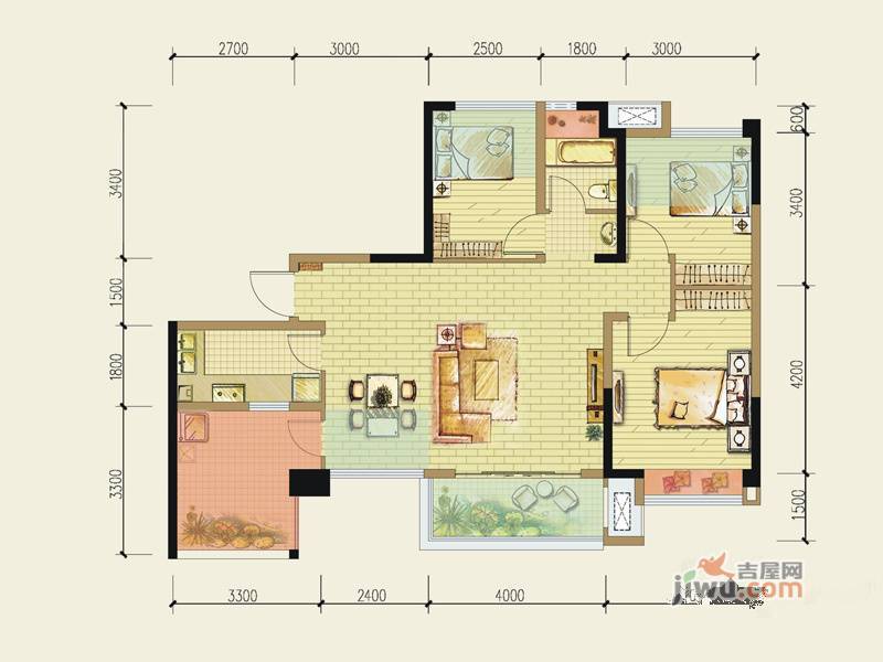 华邑阳光里3室2厅1卫88.6㎡户型图