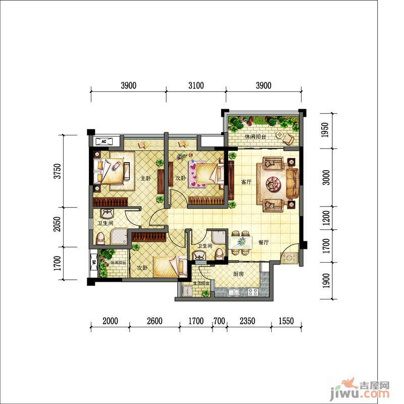 新神风八座3室2厅2卫97㎡户型图