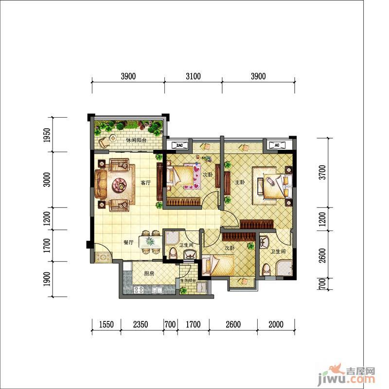 新神风八座3室2厅2卫99㎡户型图