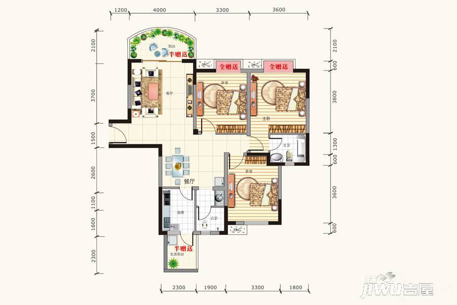 天邑宏御花园3室2厅2卫123.4㎡户型图