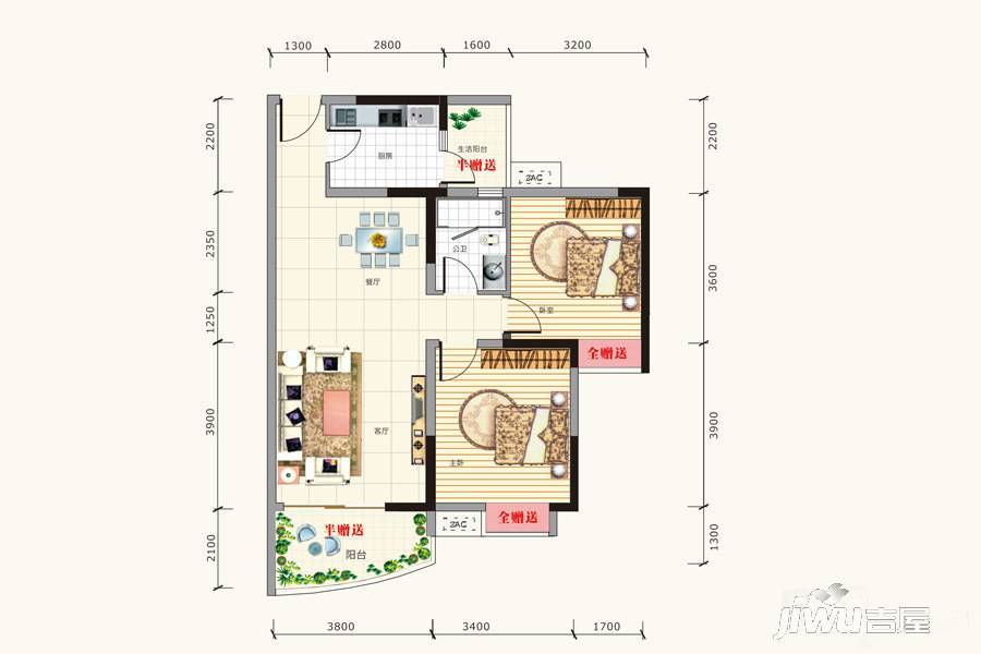 天邑宏御花园2室2厅1卫74.2㎡户型图